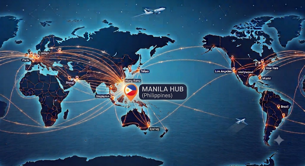 World map showing Expedite Air Philippines flight routes from the Manila hub